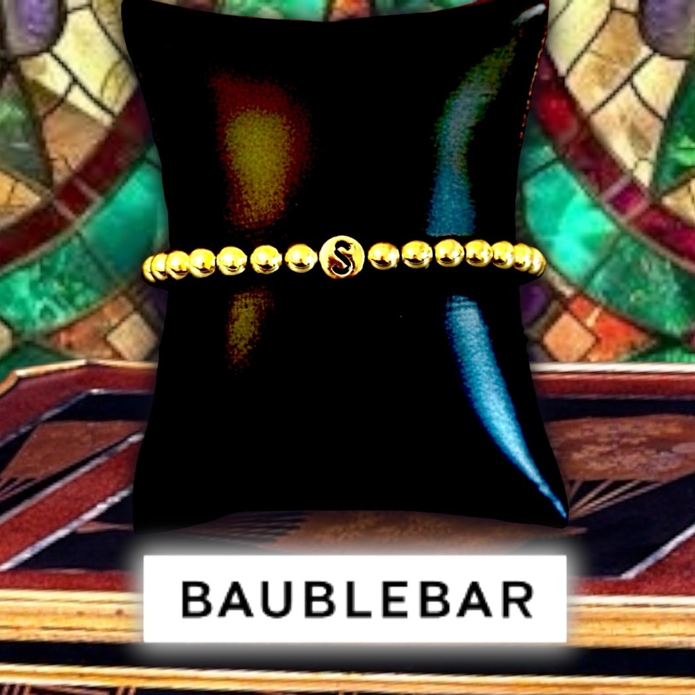 BaubleBar Initial “S” Stretch Beaded Pisa Bracelet in Gold
